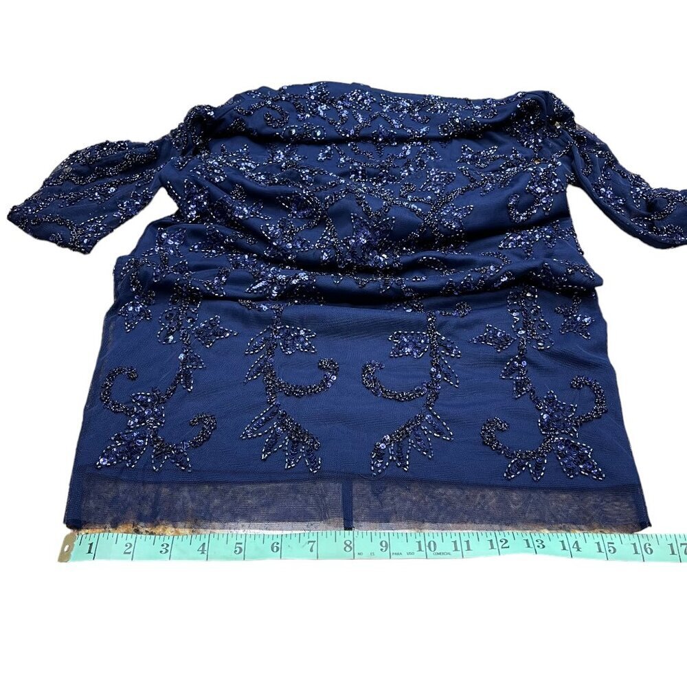 Adrianna Papell Navy Beaded Sequin Midi Dress Long Sleeve Size 4 - Picture 13 of 16